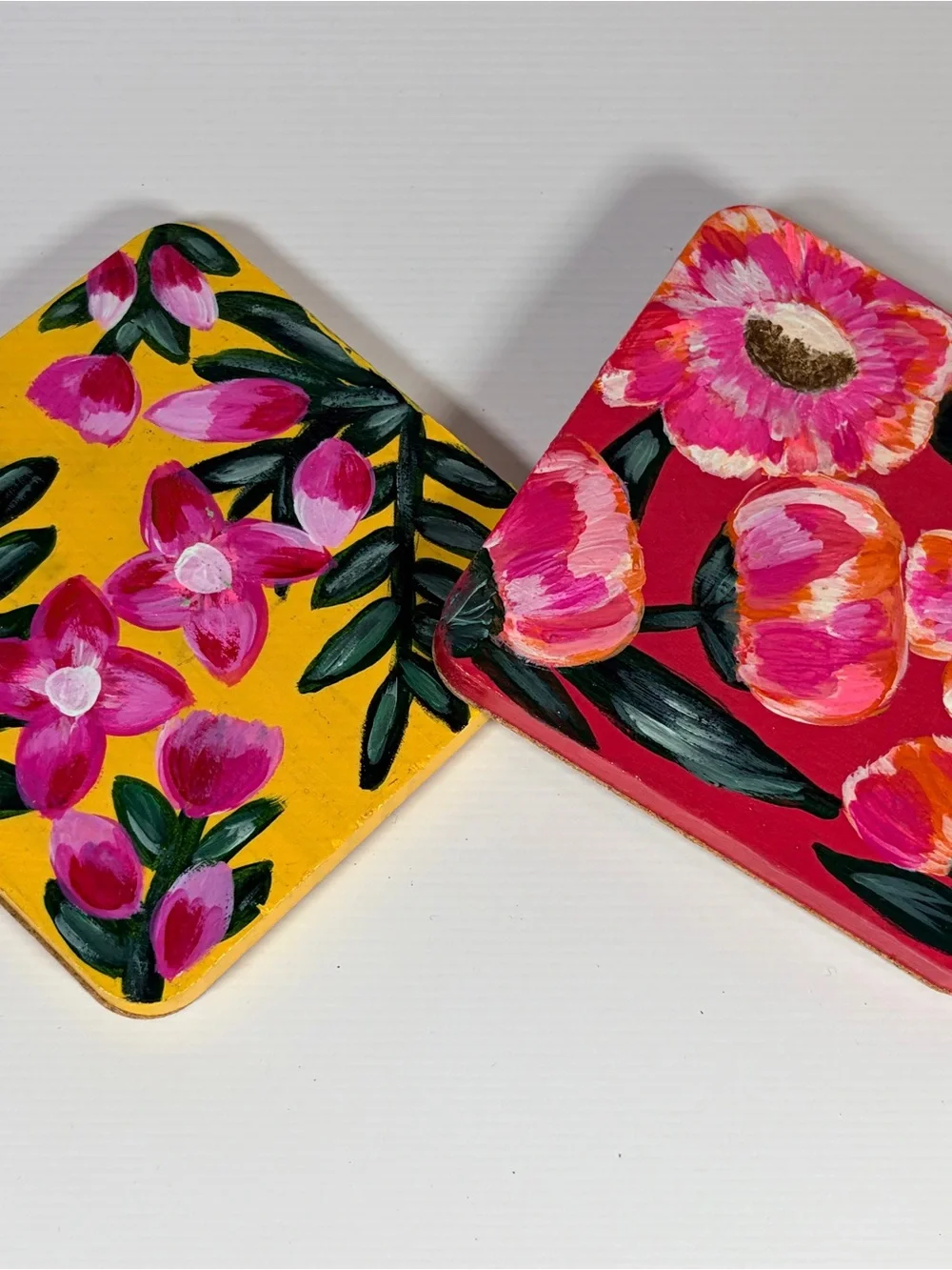 Hand-Painted Floral Leather Coasters - Pink & Yellow